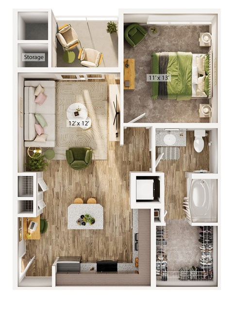 A floor plan of a small apartment with a bedroom, living room, and kitchen.